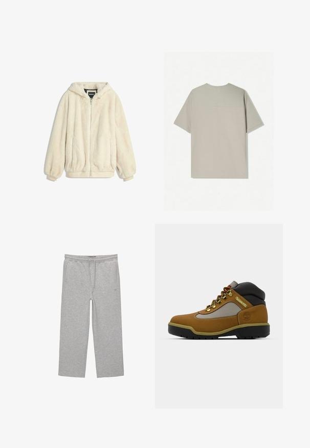 Krém színű műszőrme kabát kapucnival, cipzáras záródással, rugalmas mandzsettákkal és aljjal. Puha tapintású, plüss felületű, alkalmas hétköznapi viseletre.; Beige színű pamut póló rövid ujjakkal. Egyszerű dizájn jellemzi, kerek nyakkivágással. Simább textúrája van, minimális varrással a hátsó részen.; Szürke pamut loungewear nadrág elasztikus derékkal, zsinórral és két oldalsó zsebbel; egyenes lábú kialakítás, puha textúra, minta nélkül.; Barna túrabakancs szürke és fekete díszítéssel, texturált bőr felsőrész, fém fűzőlyukakkal és strapabíró gumitalppal a tapadásért.
