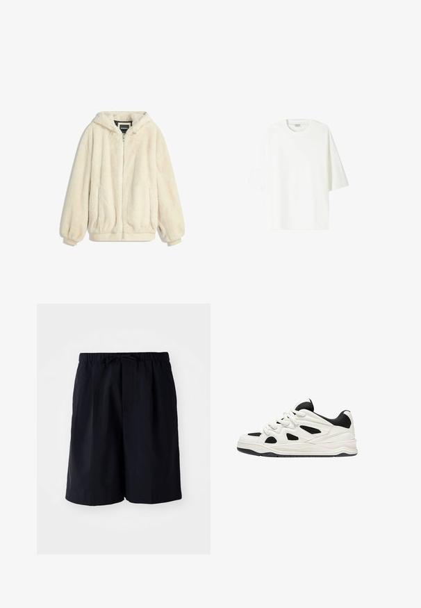 Crème-kleurige nepbontjas met een capuchon, ritsluiting, elastische manchetten en zoom. Zachte textuur met een pluche afwerking, geschikt voor casual gebruik.; Witte kortekost T-shirt van katoen, met een ronde halslijn en een relaxed fit met rechte zoom.; Donkerblauwe shorts van lichtgewicht stof, met een elastische tailleband met trekkoord en twee zijzakken, rechte snit.; Witte en zwarte sportschoenen met een gestructureerde zool, voorzien van uitsnijdingen aan de zijkanten en veters, en een gevoerde achterkant voor ondersteuning.
