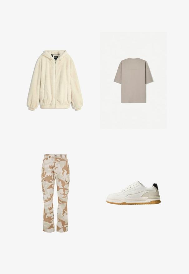 Giacca in pelliccia sintetica color crema con cappuccio, chiusura con zip, polsini ed orlo elastici. Tessuto morbido con una finitura morbida, adatta per un abbigliamento casual.; Maglietta a maniche corte in cotone beige chiaro, con collo rotondo e design minimalista senza motivi o accenti visibili.; Pantaloni cargo beige mimetici con tasche laterali, realizzati in tessuto dalla texture liscia, con un design a gamba dritta e chiusura con bottone.; Sneaker bianco con tomaia in pelle liscia e camoscio, suola in gomma e sottili dettagli grigi. Presenta sei asole e un tassello sul tallone nero.