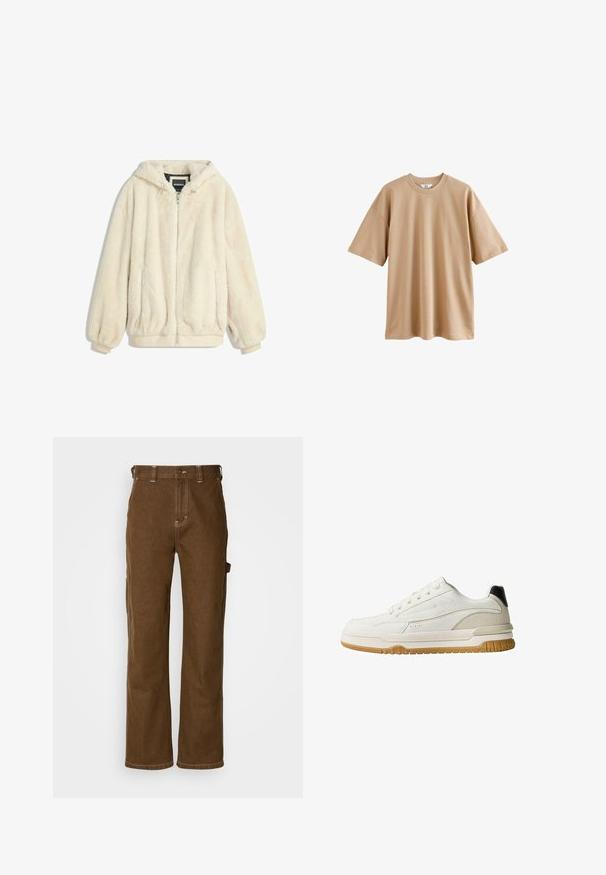 Jakna od umjetnog krzna boje kreme s kapuljačom, zatvaranjem na patentni zatvarač, elastičnim rukavima i donjim rubom. Mekana tekstura s plišanim završetkom, prikladna za ležernu odjeću.; Pamučna bež majica kratkih rukava s okruglim izrezom i ležernim krojem, koja ima glatku teksturu i bez uzoraka ili naglasaka.; Dickies STEVENSVILLE - Stolarske traperice - mushroom; Bijela tenisica s glatkim gornjim dijelom od kože i nubuka, gumeni potplat i diskretni sivi detalji. Ima šest rupica za vezanje i crnu petu.