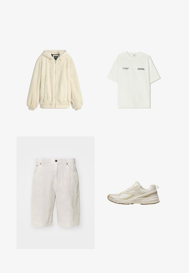 Krémová umelá kožušinová bunda s kapucňou, zipsom, elastickými manžetami a spodným lemom. Mäkká textúra s plyšovým povrchom, vhodná na neformálne nosenie.; Biela bavlnená tričko s krátkymi rukávmi. Na prednej časti je čierny text: "NIE ZAJTRA NIE DNES" a "UMENIE HLINENIA" v zelenej skripte.; Sivé kordové šortky s textúrovaným povrchom, majúce zapínanie na gombík, pútka na opasok a dve bočné vrecká.; Biele športové topánky vyrobené z textílie a syntetického materiálu, s oble zakrivenou špičkou, polstrovanou podrážkou a béžovými akcentmi po stranách.