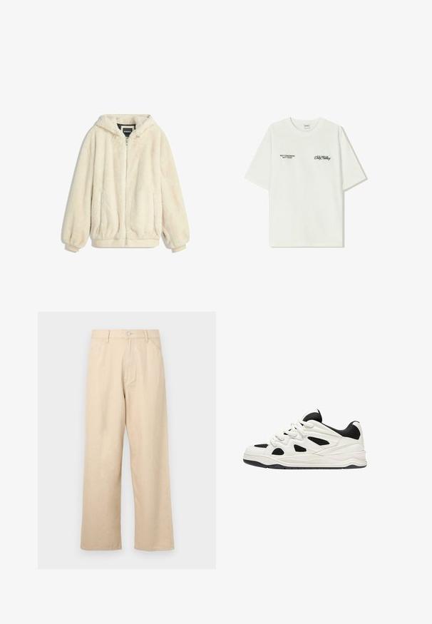 Cremefarvet faux fur jakke med hætte, lynlås lukning, elastiske manchetter og kant. Blød tekstur med en luksuriøs finish, velegnet til afslappet brug.; Hvid bomulds t-shirt med korte ærmer. Forsiden har sort tekst: "IKKE I MORGEN IKKE I DAG" og "KUNSTEN AT FLYTTE DIRT" i grøn skrift.; Beige bredde benbukser lavet af denim med en tekstureret finish, der har en frontlukning med knap og klassisk femlomme-design.; Hvide og sorte atletik sko med en tekstureret sål, der har udskårede designs på siderne og snørebånd, samt en polstret hæl for støtte.