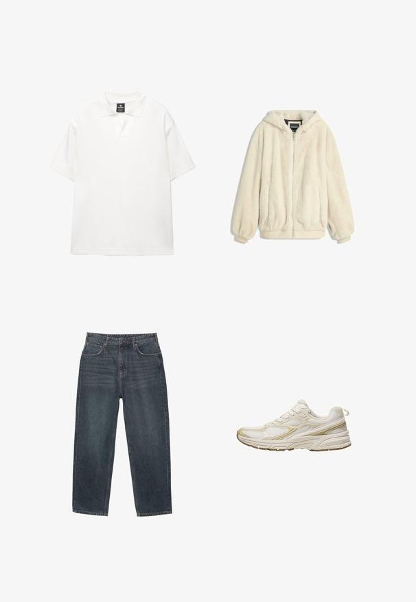 Krém színű műszőrme kabát kapucnival, cipzáras záródással, rugalmas mandzsettákkal és aljjal. Puha tapintású, plüss felületű, alkalmas hétköznapi viseletre.; Fehér, rövid ujjú polo ing sima anyagból, klasszikus gallérral, félig gombos kivágással és laza fazonnal.; Sötétkék denim farmernadrág egyenes szabással, öt zsebből, övgyűrűkből és enyhe kopásból álló anyaggal. Steppelt szegély részletezéssel.; Fehér sportcipők, amelyek hálós és szintetikus anyagból készültek, lekerekített orral, párnázott talppal és bézs díszítésekkel az oldalán.