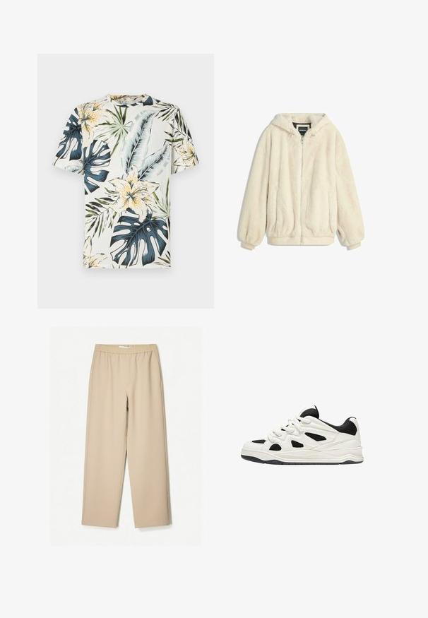 Krém színű műszőrme kabát kapucnival, cipzáras záródással, rugalmas mandzsettákkal és aljjal. Puha tapintású, plüss felületű, alkalmas hétköznapi viseletre.; Rövid ujjú póló könnyű anyagból, zöld, kék és sárga trópusi virágos és levélmintával, krémszínű háttérrel.; Beige színű, bő szárú nadrág, gumis derékkal, puha anyagból készült, sima tapintással és minimális varrási részletekkel.; Fehér és fekete sportcipők, texturált talppal, oldalt kivágott mintákkal és fűzős megoldással, valamint párnázott hátsó résszel a támasz érdekében.