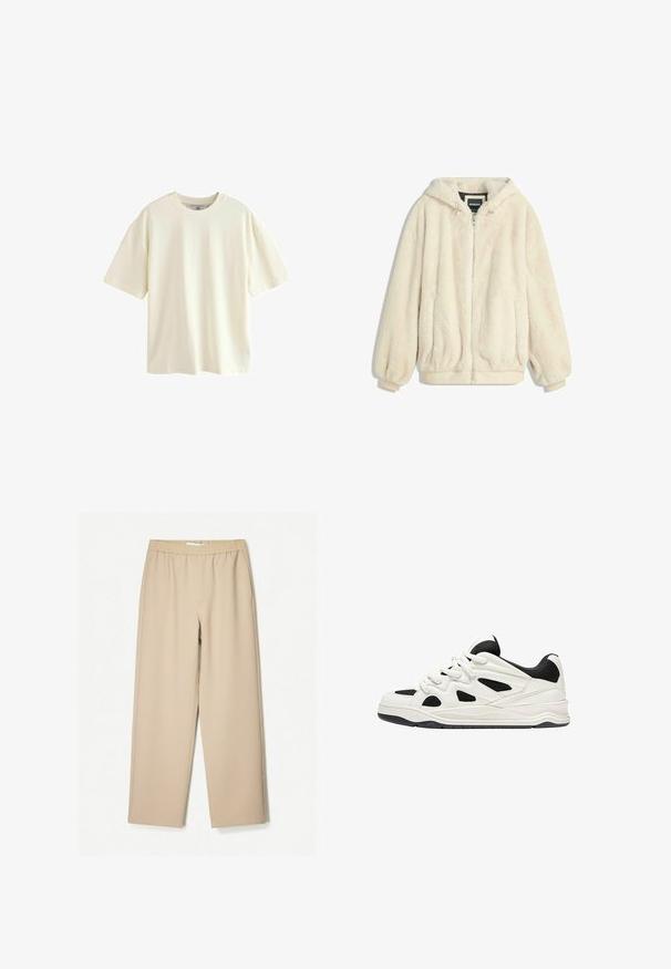 Kremno obarvan umetni krzneni jopič z kapuco, zadrgo, elastičnimi manšetami in robom. Mehka tekstura z luksuznim zaključkom, primerna za vsakodnevno nošenje.; Majica s kratkimi rokavi iz off-white bombaža, s krožnim izrezom in sproščenim krojem, z gladko teksturo in brez vidnih vzorcev ali poudarkov.; Beige široke hlače z elastičnim pasom, izdelane iz mehkega blaga, z gladko teksturo in minimalnimi šivi.; Bele in črne športne čevlje z teksturiranim podplatom, ki vsebujejo izrezljane vzorce na straneh in vezalkah ter oblazinjeno zadnjo stran za podporo.