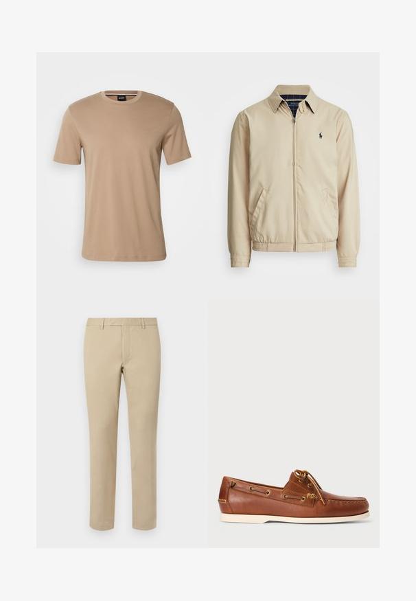 Light beige zip-up jacket with a collared neck, side pockets, elastic waistband, and a small navy logo on the chest. Smooth texture.; Black zip-up hoodie made of soft fabric, featuring a front pocket, adjustable drawstring hood, and small embroidered logo on the chest.; Beige short-sleeve t-shirt made of smooth cotton, featuring a crew neck and subtle brand logo on the chest. Simple and minimalist design.; Beige cotton trousers with a straight cut, featuring belt loops, a flat front, and tailored hems. Smooth texture and minimal detailing.; Brown leather boat shoe featuring lacing, gold eyelets, and cream rubber sole. Designed with a raised stitching pattern on the toe.