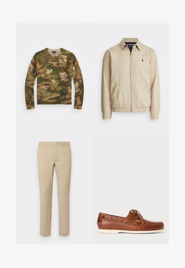Chaqueta de cremallera de color beige claro con cuello tipo solapa, bolsillos laterales, cintura elástica y un pequeño logo azul marino en el pecho. Textura suave.; Suéter de punto con un patrón paisajístico en tonos verdes, marrones y beiges, con cuello redondo y mangas largas. Acentuado con un logo.; Pantalones de algodón beige con corte recto, que cuentan con presillas para cinturón, frente plano y dobladillos ajustados. Textura suave y detalles mínimos.; Zapatos náuticos de cuero marrón con cordones, ojales dorados y suela de goma color crema. Diseñados con un patrón de costura en relieve en la puntera.