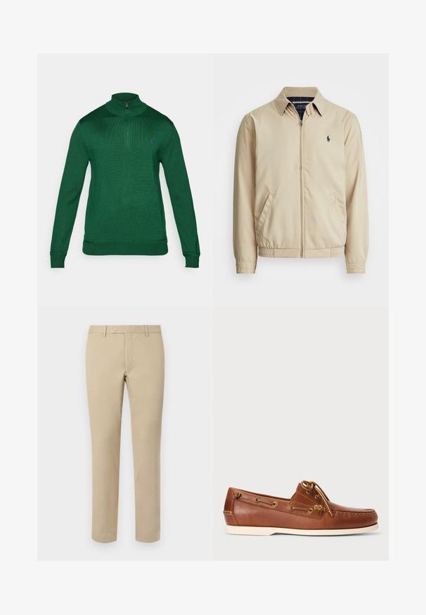 Veste zippée beige clair avec un col, des poches latérales, une taille élastique et un petit logo bleu marine sur la poitrine. Texture lisse.; Polo Ralph Lauren LONG SLEEVE - Pullover - new forest/navy; Pantalon en coton beige avec une coupe droite, doté de passants de ceinture, d'un devant plat et de ourlets soignés. Texture lisse et détails minimaux.; Chaussure bateau en cuir marron avec lacets, œillets dorés et semelle en caoutchouc crème. Conçue avec un motif de couture surélevé au niveau de l'orteil.