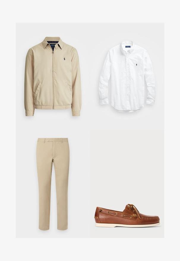 Veste zippée beige clair avec un col, des poches latérales, une taille élastique et un petit logo bleu marine sur la poitrine. Texture lisse.; Chemise blanche à manches longues en coton. Dotée d'un col classique, de poignets à boutons et d'un petit logo brodé bleu marine sur la poitrine.; Pantalon en coton beige avec une coupe droite, doté de passants de ceinture, d'un devant plat et de ourlets soignés. Texture lisse et détails minimaux.; Chaussure bateau en cuir marron avec lacets, œillets dorés et semelle en caoutchouc crème. Conçue avec un motif de couture surélevé au niveau de l'orteil.