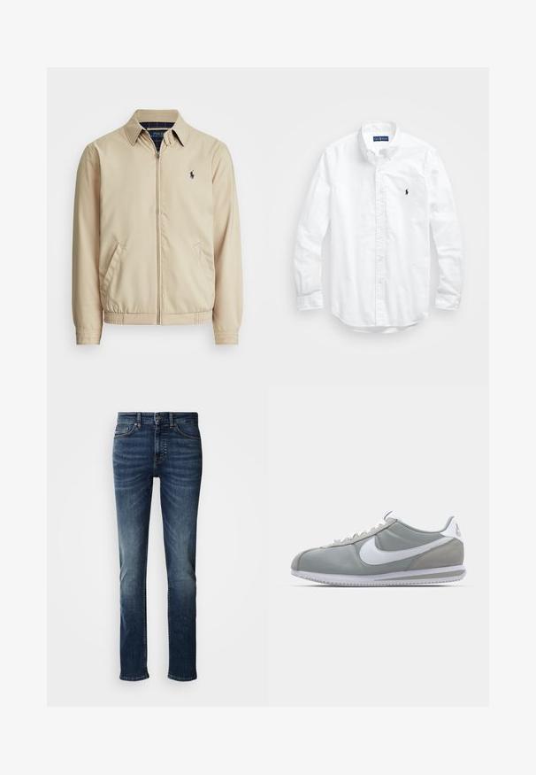 Helebeige tõmblukk-jakk, millel on kraega kaelus, küljetaskud, elastne vöökoht ja väike tumesinine logo rinnal. Sile tekstuur.; Valge pikkade varrukatega kotitõmblusega särk puuvillast. Omab klassikalist kraed, nööpidega mansette ja väikest tumesinist tikandit rinnal.; Tumesinised teksapüksid, klassikalise sirge sääre lõikega, standardse vöökohaga, nööbirõngaga ja õrnalt pleekinud reite kohal.; Hallitus hallikets pro piletse ja teki, valge Nike swoosh ja valged paelad. Omab tekstuuriga kummitalda ja polsterdatud krae.