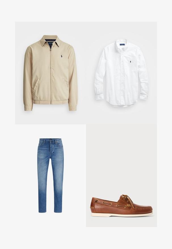 Gai smilškrāsas zip-up jaka ar apkakli, sānu kabatām, elastīgu vidukli un mazu tumši zilu logotipu uz krūtīm. Gluda tekstūra.; Balta garām piedurknēm pogājamā krekla izgatavots no kokvilnas. Iezīmē klasisku apkakli, poga aproces un mazu tumši zilu izšūtu logo uz krūšu.; Zilā džinsu bikses ar taisnu kāju dizainu, vidēja augstuma jostasvietu, vieglu izbalēšanu un klasisku piecu kabatu stilu. Iekļauta pogu aizdare.; Brūnās ādas laivu kurpes ar auklām, zeltītām acīm un krēma gumijas zoli. Izstrādātas ar paaugstinātu šuvju rakstu uz pirksta.
