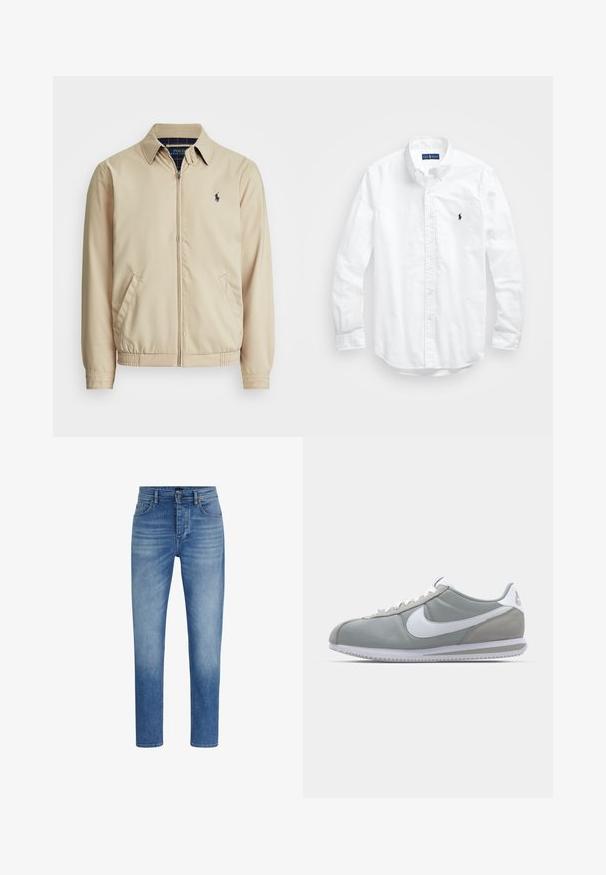 Svijetlosmeđa jakna na zatvarač s ovratnikom, bočnim džepovima, elastičnom trakom u struku i malim mornarsko plavim logom na prsima. Glatka tekstura.; Bijela košulja dugih rukava s gumbima izrađena od pamuka. Ima klasični ovratnik, gumbaste manžete i mali brodasti logo u tamnoplavoj boji na prsima.; Plave traperice s ravnim nogavicama, srednjim strukom, suptilnim izblijedjenjem i klasičnim pet džepova. Imaju kopčanje na gumb.; Sive sportske tenisice s gornjim dijelom od antilopa i tekstila, bijelim Nike swooshom i bijelim vezicama. Imaju teksturirani gumeni đon i podstavljeni ovratnik.