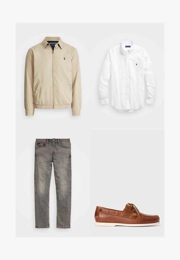 Lys beige zip-up jakke med krage, sidelommer, elastisk liv, og en liten marineblå logo på brystet. Glatt tekstur.; Hvit langermet skjorte i bomull med knapper. Har en klassisk krage, knappe mansjetter og en liten marineblå brodert logo på brystet.; Grå denim jeans med rett ben-design, falmet tekstur og subtile slitasjemerker. Har en klassisk femlommesstil og metallknapplukking.; Brune lærbådssko med snørebånd, gyldne øjer og cremet gummisål. Designet med et hævet sy-mønster på tåen.