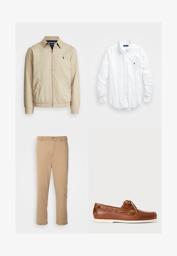 Šviesiai smėlinis zip-up tipo džemperis su apykakle, šoninėmis kišenėmis, elastinga juosta ir mažas tamsiai mėlynas logotipas ant krūtinės. Lygus paviršius.; Balta ilga rankovė mygtukų marškiniai iš medvilnės. Pasižymi klasikinėmis apykaklėmis, mygtukų rankogaliais ir mažuoju tamsiai mėlynu siuviniu su logotipu ant krūtinės.; Bežinės medvilninės kelnės su tiesiu kirpimu, turinčios priekinį užtrauktuką ir mygtuko uždarymą, suapvalintais kraštais ir dviem šoninėmis kišenėmis.; Rudos odinės valtinės bateliai su raišteliais, auksinėmis akytėmis ir kreminiu guminiais padu. Sukurta su pakeltu siuvinėjimu ant piršto.