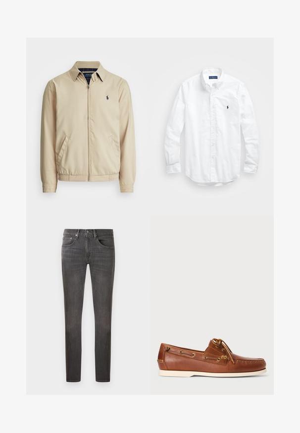 Svetlo bež zip-up jakna z ovratnikom, stranskimi žepi, elastičnim pasom in majhnim mornarsko modrim logotipom na prsih. Gladka tekstura.; Bela dolg rokav srajca s gumbi iz bombaža. Ima klasičen ovratnik, gumbnice na zapestjih in majhen temno moder vezen logotip na prsih.; Temno sivi kavbojki iz denima s klasičnim krojem, petimi žepi in rahlim učinkom whiskering, z gumbom in zadrgo.; Rjave usnjene čolnarice z vezalkami, zlatimi luknjicami in smetanasto gumijastim podplatom. Oblikovane z dvignjenim šivnim vzorcem na konici.