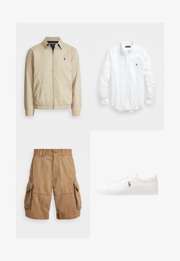 Gai smilškrāsas zip-up jaka ar apkakli, sānu kabatām, elastīgu vidukli un mazu tumši zilu logotipu uz krūtīm. Gluda tekstūra.; Balta garām piedurknēm pogājamā krekla izgatavots no kokvilnas. Iezīmē klasisku apkakli, poga aproces un mazu tumši zilu izšūtu logo uz krūšu.; Khaki kravas šorti, kas izgatavoti no kokvilnas, ar sānu kabatām, taisnu griezumu un izšūtu detaļu jostā un apakšmalā.; Baltas ādas sporta apavi, zema dizaina, ar gludu tekstūru, noapaļotu purngalu, ar auklēm priekšpusē un nelielu izšūtu logotipu sānos.
