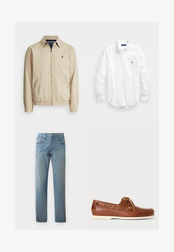 Casaco zip-up de bege claro com gola, bolsos laterais, cintura elástica e um pequeno logotipo azul-marinho no peito. Textura suave.; Camisa de botões de manga longa branca em algodão. Apresenta um colarinho clássico, punhos com botão e um pequeno logótipo bordado em azul-marinho no peito.; Jeans de denim azul claro com corte reto, design de cinco bolsos e fecho de botão metálico na cintura. Acabamento ligeiramente desbotado.; Sapatilha de barco em pele castanha com atacadores, ilhós dourados e sola em borracha clara. Projetada com um padrão de costura elevada na ponta.