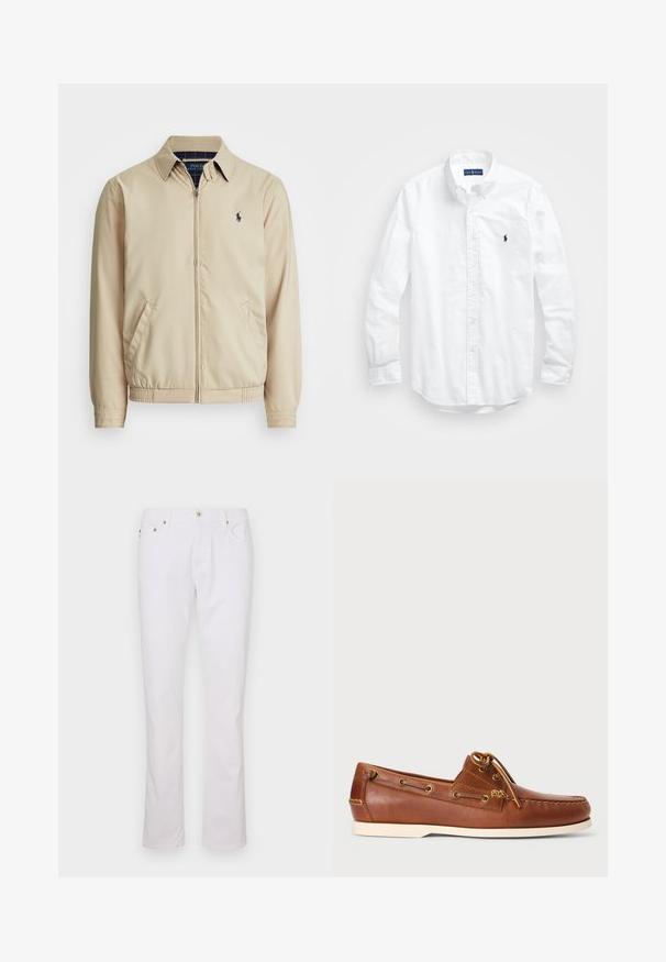 Svetlo bež zip-up jakna z ovratnikom, stranskimi žepi, elastičnim pasom in majhnim mornarsko modrim logotipom na prsih. Gladka tekstura.; Bela dolg rokav srajca s gumbi iz bombaža. Ima klasičen ovratnik, gumbnice na zapestjih in majhen temno moder vezen logotip na prsih.; Beli bombažne kavbojke z ravnimi hlačnicami, petimi žepi, srebrno kovinsko opremo ter klasičnim zapiranjem na gumb in zadrgo.; Rjave usnjene čolnarice z vezalkami, zlatimi luknjicami in smetanasto gumijastim podplatom. Oblikovane z dvignjenim šivnim vzorcem na konici.