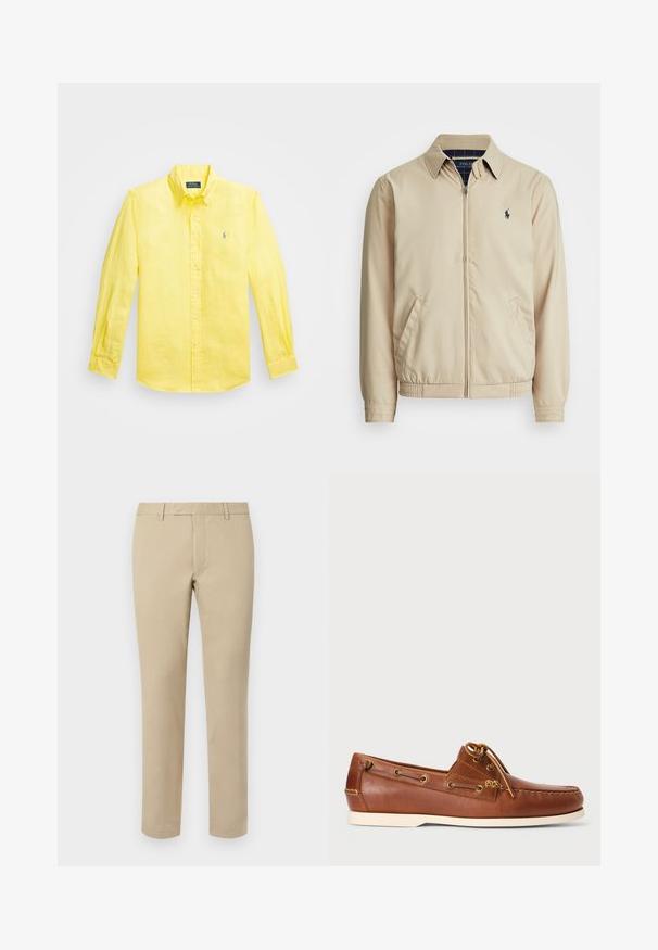 Casaco zip-up de bege claro com gola, bolsos laterais, cintura elástica e um pequeno logotipo azul-marinho no peito. Textura suave.; Camisa de botão amarela de manga longa, feita de tecido leve. Apresenta um colarinho pontudo e um pequeno logo bordado no lado esquerdo do peito.; Calças de algodão bege com corte reto, apresentando passantes para cinto, frente lisa e bainhas ajustadas. Textura suave e detalhes mínimos.; Sapatilha de barco em pele castanha com atacadores, ilhós dourados e sola em borracha clara. Projetada com um padrão de costura elevada na ponta.