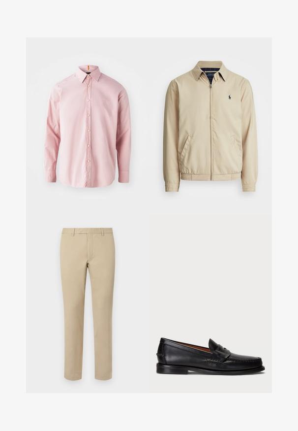 Chaqueta de cremallera de color beige claro con cuello tipo solapa, bolsillos laterales, cintura elástica y un pequeño logo azul marino en el pecho. Textura suave.; Camisa de botones de manga larga en rosa claro, hecha de algodón. Presenta un cuello clásico, cierre delantero con botones y un sutil logo bordado.; Pantalones de algodón beige con corte recto, que cuentan con presillas para cinturón, frente plano y dobladillos ajustados. Textura suave y detalles mínimos.; Mocasin de cuero negro con punta redondeada, detalles de costura y una correa decorativa en la parte frontal. Suela plana con un perfil minimalista.
