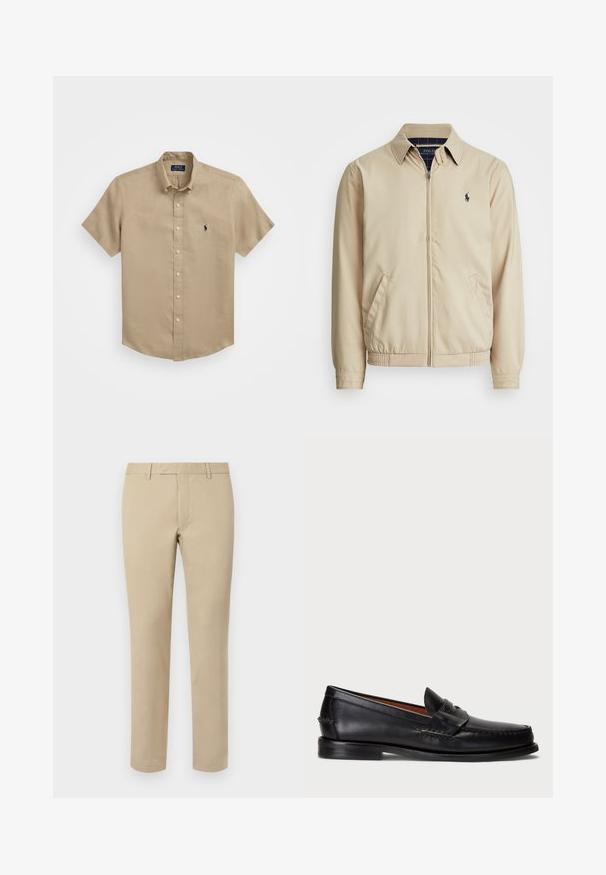 Casaco zip-up de bege claro com gola, bolsos laterais, cintura elástica e um pequeno logotipo azul-marinho no peito. Textura suave.; Camisa de botão de manga curta, bege. Feita de linho com um acabamento texturizado. Apresenta um pequeno logotipo azul marinho no lado esquerdo do peito. Design de colar clássico.; Calças de algodão bege com corte reto, apresentando passantes para cinto, frente lisa e bainhas ajustadas. Textura suave e detalhes mínimos.; Sapato de couro preto tipo loafer com bico arredondado, detalhes em costura e faixa decorativa na frente. Sola plana com perfil mínimo.