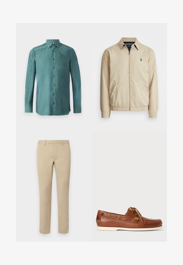 Svetlo bež zip-up jakna z ovratnikom, stranskimi žepi, elastičnim pasom in majhnim mornarsko modrim logotipom na prsih. Gladka tekstura.; Majica s dolgimi rokavi iz teal tkanine z teksturiranim tkanjem, z gumbi spredaj, s koničastim ovratnikom in usklajenimi gumbi. Rahlo prilegajoč dizajn.; Bež hlače iz bombaža s ravnim krojem, ki vsebujejo zanke za pas, ravno sprednjo stran in natančno obdelane robove. Gladka tekstura in minimalno podrobnosti.; Rjave usnjene čolnarice z vezalkami, zlatimi luknjicami in smetanasto gumijastim podplatom. Oblikovane z dvignjenim šivnim vzorcem na konici.