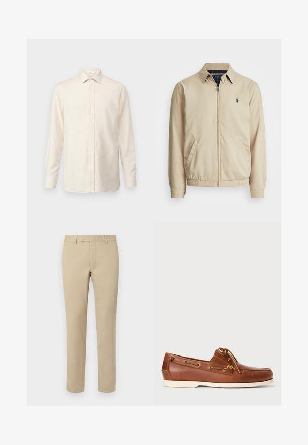 Šviesiai smėlinis zip-up tipo džemperis su apykakle, šoninėmis kišenėmis, elastinga juosta ir mažas tamsiai mėlynas logotipas ant krūtinės. Lygus paviršius.; Šviesiai smėlio spalvos ilgomis rankovėmis marškiniai, pagaminti iš minkštos medžiagos, su sagčių užsegimu priekyje, klasikine apykakle ir sagutėmis ant rankovių.; Šviesiai rudos medvilninės kelnės tiesaus kirpimo, su diržo kilpomis, plokščiu priekiu ir siuvinėtomis apvadomis. Lygi tekstūra ir minimalus detalizavimas.; Rudos odinės valtinės bateliai su raišteliais, auksinėmis akytėmis ir kreminiu guminiais padu. Sukurta su pakeltu siuvinėjimu ant piršto.