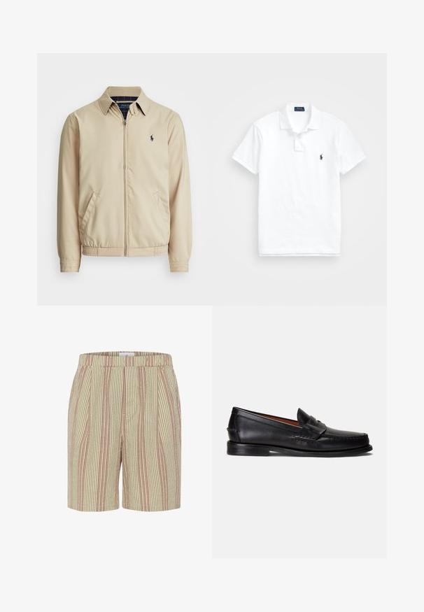 Helebeige tõmblukk-jakk, millel on kraega kaelus, küljetaskud, elastne vöökoht ja väike tumesinine logo rinnal. Sile tekstuur.; Valge puuvillane polo särk. Omab klassikalist kraed, kolme nupukest, lühikesi varrukaid ja väikest tumesinist logo rinnal.; Ribade lühikesed püksid beežide ja helesiniste triipudega, millel on tekstureeritud kangas, elastne vöökoht ja küljetaskud. Keskmise reie pikkus.; Mustad nahast mokassiinid siledapinnalise, ümara varba ja dekoratiivse paelaga pealpool. Omavad madalat musta tallaga.