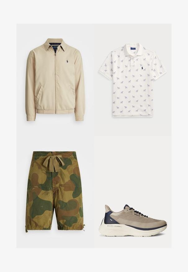 Svijetlosmeđa jakna na zatvarač s ovratnikom, bočnim džepovima, elastičnom trakom u struku i malim mornarsko plavim logom na prsima. Glatka tekstura.; Bijela polo majica od pamuka, na kojoj se nalazi ponovljeni plavi uzorak pasa i mali plavi logo na prsima. Kratki rukavi i ovratnik.; Kratke hlače u kamuflažnom uzorku u nijansama zelene i smeđe, izrađene od lagane tkanine, s pojasom na vezanje i nabranim rubovima.; Bežna sportska obuća s teksturiranim mrežastim gornjištem, mornarsko plavim detaljima, debelim bijelim potplatom i složenim dizajnerskim elementima. Ima vezice i brendiranje logotipa.