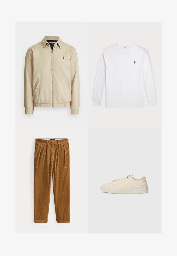 Ljussand zip-up jacka med krage, sidofickor, elastisk midja och en liten marinblå logo på bröstet. Slät textur.; Vit långärmad T-shirt tillverkad av bomull. Har en rund halsringning, ribbade ärmslut och en liten marinblå polo-logotyp på vänster bröst.; Bruna manchesterbyxor med broderade flygande änder, knappstängning, framfickor och uppvikta fållar, ligger platt på vit bakgrund.; Beige lädersneaker med rund tå, minimalistisk design, subtila stygndetaljer och en texturerad ovandel, på en ljus sula.