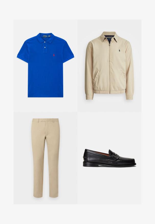 Lys beige zip-up jakke med krage, sidelommer, elastisk liv, og en liten marineblå logo på brystet. Glatt tekstur.; Blå kortermet polo skjorte med to knapper, krage og liten rød brodert logo på venstre bryst.; Beige bomullsbukser med rett snitt, med beltehemper, flat front og skreddersydde nederkanter. Jevn tekstur og minimal detaljering.; Sorte skinnloafers med glatt finish, avrundet tå og et dekorativt bånd over vristen. Har en lav svart såle.