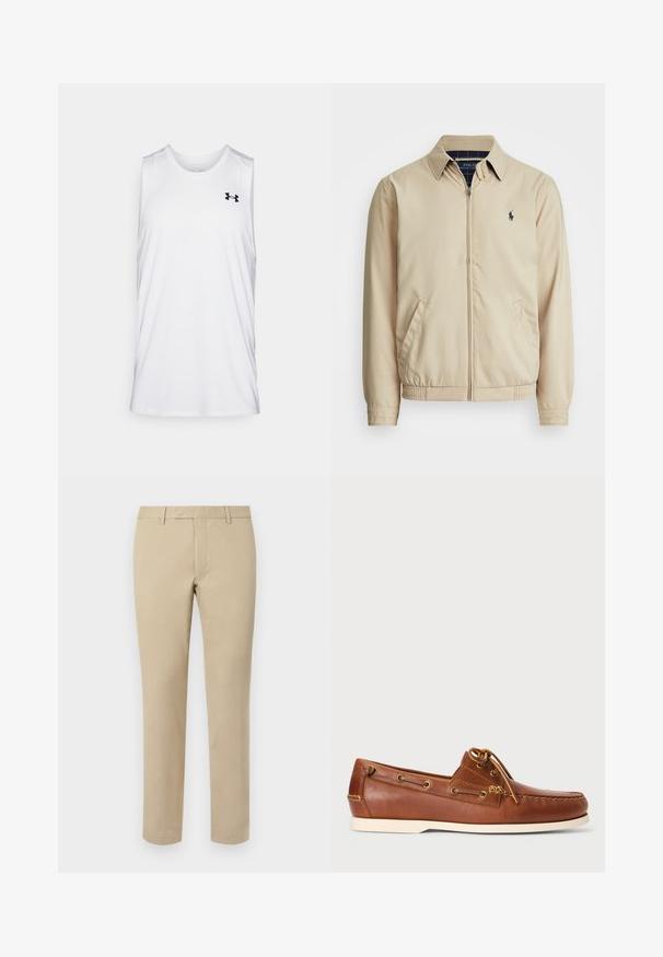 Lys beige zip-up jakke med krage, sidelommer, elastisk liv, og en liten marineblå logo på brystet. Glatt tekstur.; Hvit ermeløs treningstopp i lett stoff, med rund halslinning og svart logo på venstre bryst.; Beige bomullsbukser med rett snitt, med beltehemper, flat front og skreddersydde nederkanter. Jevn tekstur og minimal detaljering.; Brune lærbådssko med snørebånd, gyldne øjer og cremet gummisål. Designet med et hævet sy-mønster på tåen.