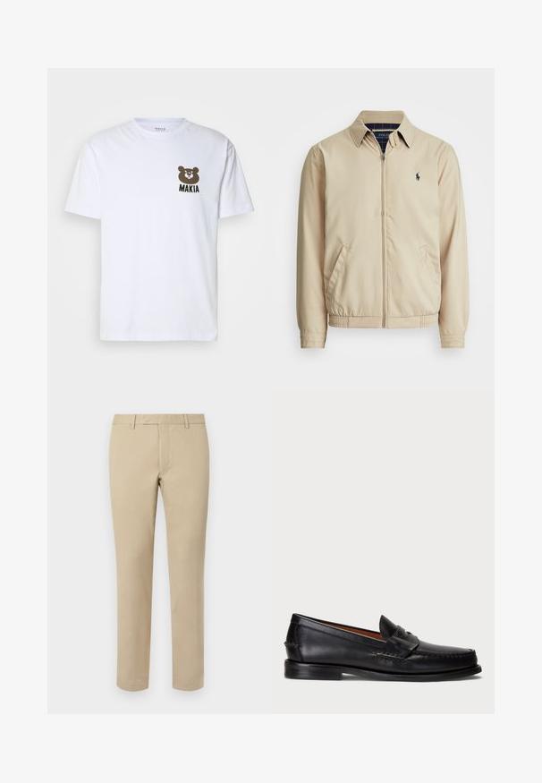 Šviesiai smėlinis zip-up tipo džemperis su apykakle, šoninėmis kišenėmis, elastinga juosta ir mažas tamsiai mėlynas logotipas ant krūtinės. Lygus paviršius.; Balta medvilnė marškinėliai su ruduoju lokiu ir tekstu "MAKIA" kairėje krūtinės pusėje. Klasikinis apvalus kaklas ir trumpi rankovės.; Šviesiai rudos medvilninės kelnės tiesaus kirpimo, su diržo kilpomis, plokščiu priekiu ir siuvinėtomis apvadomis. Lygi tekstūra ir minimalus detalizavimas.; Juodos odinės loafers tipo batai su apvaliu pirštu, siuvinėta detalė ir dekoratyvine juostele per priekį. Plokščias padas su minimalia profiliu.