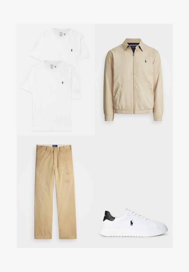 Šviesiai smėlinis zip-up tipo džemperis su apykakle, šoninėmis kišenėmis, elastinga juosta ir mažas tamsiai mėlynas logotipas ant krūtinės. Lygus paviršius.; Du šviesiai baltos medvilnės marškinėliai trumpomis rankovėmis, su mažuoju tamsiai mėlynu logotipu ant krūtinės ir klasikiniu apvaliu iškarpymu.; Braški medvilniniai kelnės su tiesiu kirpimu. Priekyje yra dėvėti priežiūros elementai ir siuvinėjimo detalės. Klasikinis mygtuko ir užtrauktuko uždarymas.; Balti žemesnio profilio sportiniai bateliai su juodu kulno užtrauktuku ir juodu Polo Ralph Lauren logotipu šone, su baltais raišteliais ir storu guminiu padu.
