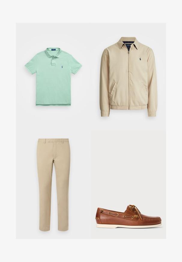 Casaco zip-up de bege claro com gola, bolsos laterais, cintura elástica e um pequeno logotipo azul-marinho no peito. Textura suave.; Polo Ralph Lauren THE ICONIC MESH POLO SHIRT - Polo - faded mint; Calças de algodão bege com corte reto, apresentando passantes para cinto, frente lisa e bainhas ajustadas. Textura suave e detalhes mínimos.; Sapatilha de barco em pele castanha com atacadores, ilhós dourados e sola em borracha clara. Projetada com um padrão de costura elevada na ponta.
