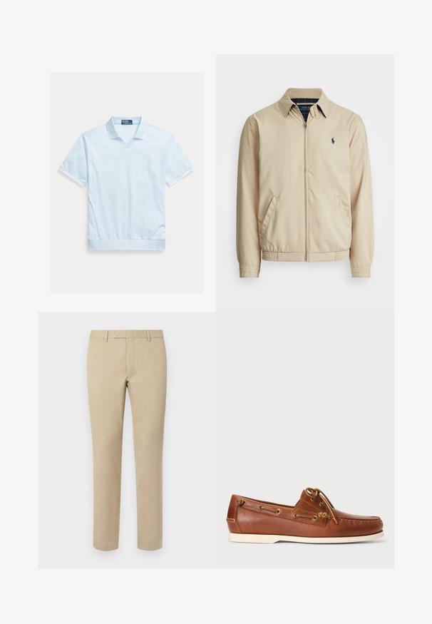 Lys beige zip-up jakke med krage, sidelommer, elastisk liv, og en liten marineblå logo på brystet. Glatt tekstur.; Lys blå polotrøye med korte ermer, V-hals og ribbet krage. Har en liten logo på brystet og en tettsittende kant. Myk stofftekstur.; Beige bomullsbukser med rett snitt, med beltehemper, flat front og skreddersydde nederkanter. Jevn tekstur og minimal detaljering.; Brune lærbådssko med snørebånd, gyldne øjer og cremet gummisål. Designet med et hævet sy-mønster på tåen.