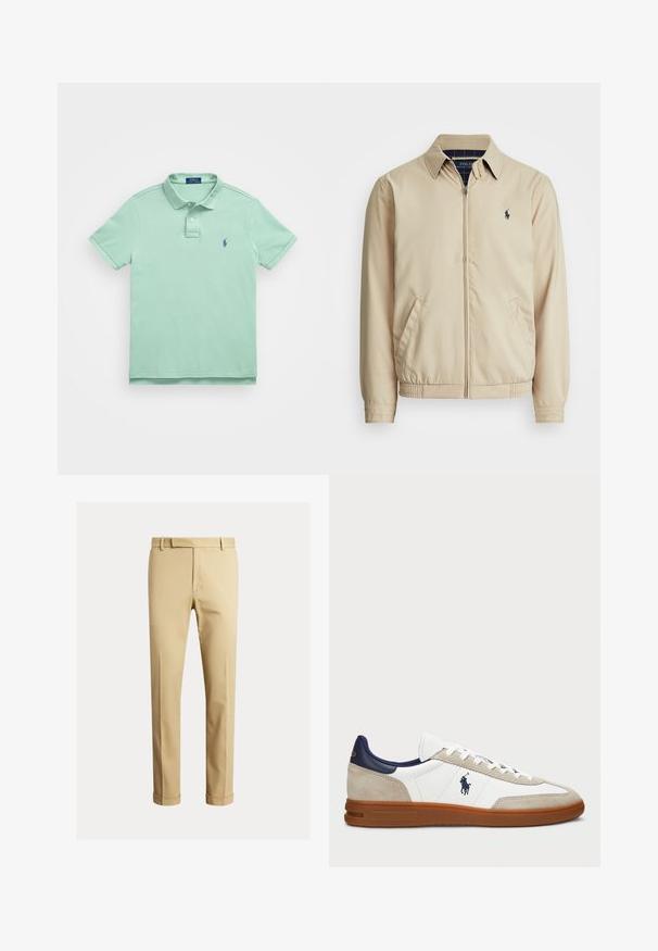 Lys beige zip-up jakke med krage, sidelommer, elastisk liv, og en liten marineblå logo på brystet. Glatt tekstur.; Polo Ralph Lauren SLIM FIT POLO SHIRT - Poloskjorter - faded mint; Kaki chinos laget av glatt bomullsstoff, med en tettsittende design, frontplisseringer og mansjetter ved ankelen for en smalere look.; Hvite og beige joggesko med overdel i semsket skinn og lær, marineblå detaljer og brun gummisåle. Har logo på siden og snøring.