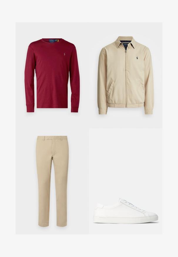 Šviesiai smėlinis zip-up tipo džemperis su apykakle, šoninėmis kišenėmis, elastinga juosta ir mažas tamsiai mėlynas logotipas ant krūtinės. Lygus paviršius.; Polo Ralph Lauren CUSTOM SLIM FIT SOFT COTTON T-SHIRT - Ilgarankovis viršutinės dalies drabužis - red carpet; Šviesiai rudos medvilninės kelnės tiesaus kirpimo, su diržo kilpomis, plokščiu priekiu ir siuvinėtomis apvadomis. Lygi tekstūra ir minimalus detalizavimas.; Balti odiniai sportbačiai su lygiu paviršiumi, apvalia forma, plokščiu guminiu padu ir baltais raišteliais. Pasižymi minimalistiniu dizainu ir subtiliu ženklinimu.