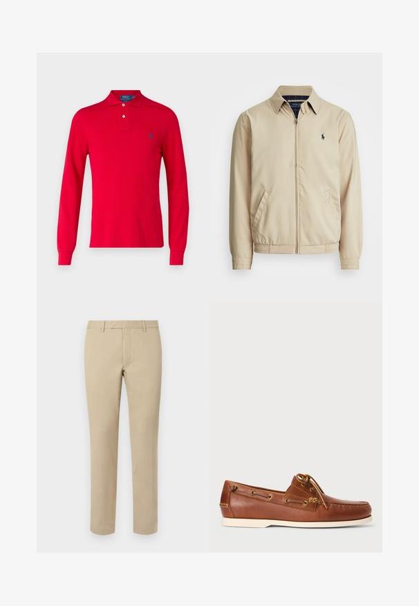 Light beige zip-up jacket with a collared neck, side pockets, elastic waistband, and a small navy logo on the chest. Smooth texture.; Polo Ralph Lauren SLIM FIT LONG-SLEEVE POLO SHIRT - Long sleeved top - red; Beige cotton trousers with a straight cut, featuring belt loops, a flat front, and tailored hems. Smooth texture and minimal detailing.; Brown leather boat shoe featuring lacing, gold eyelets, and cream rubber sole. Designed with a raised stitching pattern on the toe.