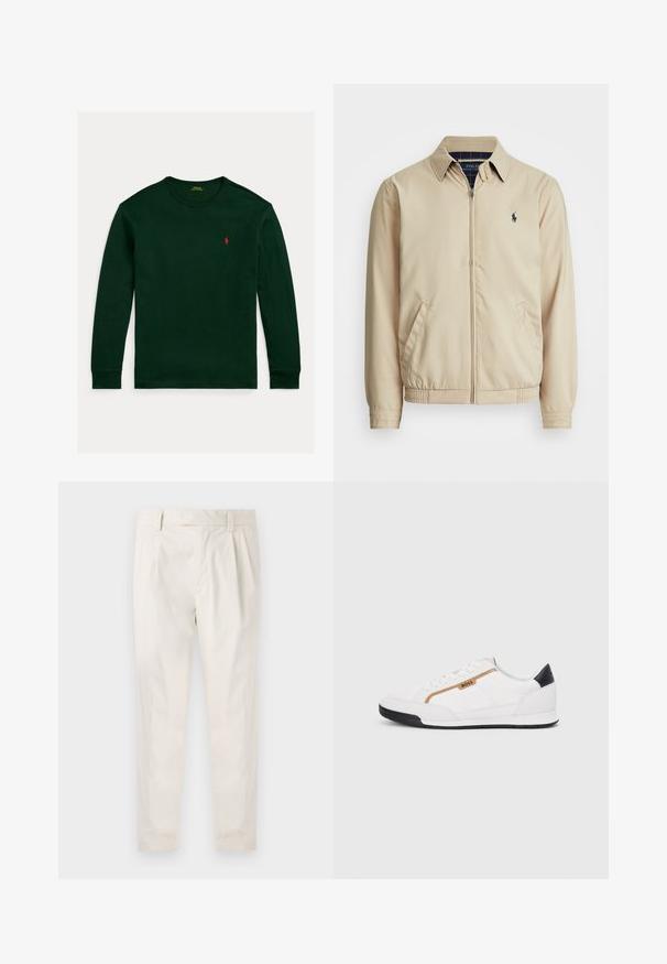 Világos bézs színű, cipzáros dzseki, galléros nyakkal, oldalsó zsebekkel, rugalmas derékrésszel és egy kis sötétkék logóval a mellkason. Sima textúra.; Polo Ralph Lauren CLASSIC FIT HEAVYWEIGHT JERSEY T-SHIRT - Hosszú ujjú felső - vintage pine; Fehér, pliszírozott nadrág, testre szabott szabással, sima felülettel, övhurkokkal és karcsú lábszárral. Nincs látható zseb vagy minta.; Fehér sportcipők, hálós és bőr díszítésekkel. Kiemelkedő arany "BOSS" logó, textúrázott oldalpanelekkel és fekete sarokkal. Gumi talp.