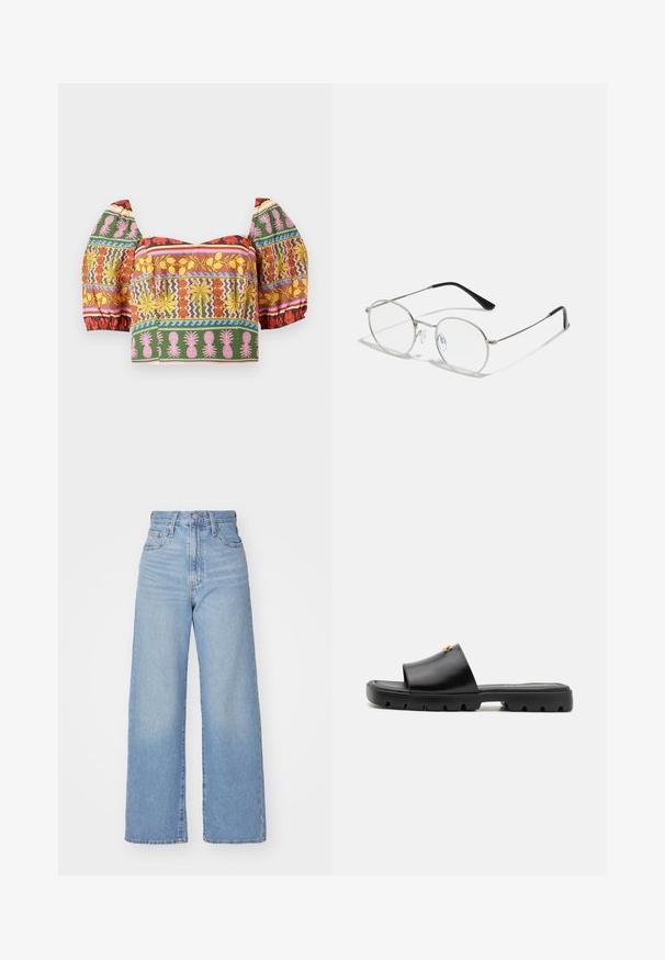 Abercrombie & Fitch Vegan Suede Button-Through Jacket - Kerge jope - tannin; Värviline lühike topp, millel on puhvate varrukad, keerukad lille- ja ananassimustrid punases, kollases, roosas, rohelises ja sinises heledal taustal.; Heledad sinine kõrge vöökohaga laiad teksad, ees nupp ja tõmblukk, ees ja taga taskud, valge tausta peal.; Mustad mustad mustad pehmeast, mati nahast ülemisest osast ja paksust tekstureeritud kummist tallast. Märkimisväärne kullast riistvara aktsent ülemises osas. Lihtne, avatud disain.; Ümmargused metallist prilliraamid, millel on õhuke hõbedane raam, selged läätsed ja mustad templid, millel on mugavuse tagamiseks kummist otsikud. Minimalistlik disain.