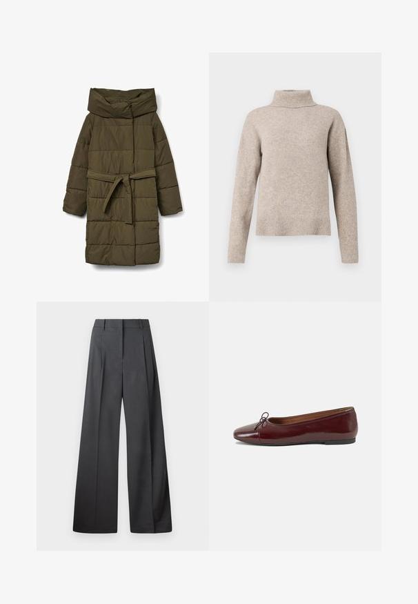 Casaco acolchoado verde com colarinho alto, cinto de amarração na cintura e design acolchoado. Apresenta textura suave e mangas compridas.; Suéter bege de gola alta feito de material de malha suave. Apresenta um colarinho e punhos em canelado, com um ajuste ligeiramente oversized e descontraído.; Calças de perna larga em tecido cinza escuro, apresentando uma cintura alta, pregas simples e uma textura suave com um acabamento limpo nas bainhas.; Bailarinas em couro sintético borgonha com bico redondo, pequeno laço na frente e sola baixa em borracha preta. Textura suave.