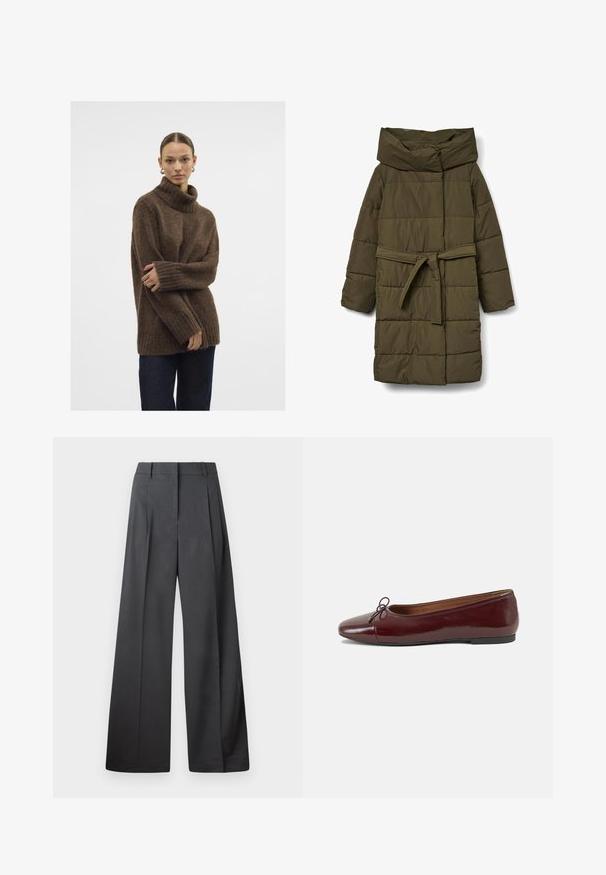 Green puffer coat with a high collar, tie belt at the waist, and quilted design. Features a smooth texture and long sleeves.; Brown knitted turtleneck sweater with ribbed cuffs and hem; soft texture; relaxed fit; slightly loose silhouette. Model wears dark jeans.; Wide-leg trousers in dark gray fabric, featuring a high waist, single pleats, and a smooth texture with a clean finish at the hems.; Burgundy patent leather ballet flat with a rounded toe, small bow accent at the front, and a low, black rubber sole. Smooth texture.