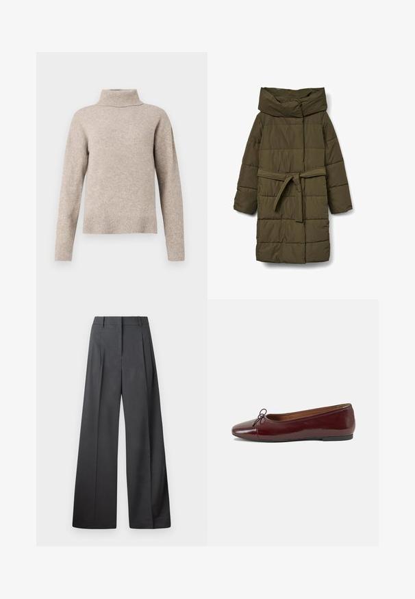 Zöld puffermellény magas gallérral, derékon kötővel és steppelt mintával. Simább textúrájú és hosszú ujjú.; Beige garbónyakú pulóver puha kötött anyagból. Bordás gallérral és mandzsettával rendelkezik, enyhén túlméretezett, laza szabással.; Széles szárú nadrág sötétszürke anyagból, magas derekú, egyes redőkkel, sima textúrával és tiszta befejezéssel a szegélyeken.; Burgundi lakkbőr balettcipő kerek orral, elöl kis masni díszítéssel és alacsony, fekete gumi talppal. Simára csiszolt felület.