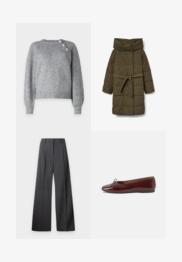 Abrigo acolchado verde con cuello alto, cinturón de lazo en la cintura y diseño acolchado. Presenta una textura lisa y mangas largas.; Suéter gris de punto con mangas largas, dobladillo acanalado y tres botones decorativos en el hombro izquierdo, que presenta una textura suave.; Pantalones de pierna ancha en tejido gris oscuro, con una cintura alta, pliegues simples y una textura suave con un acabado limpio en los dobladillos.; Bailarina de charol burdeos con punta redonda, pequeño lazo en la parte frontal y una suela baja de goma negra. Textura suave.