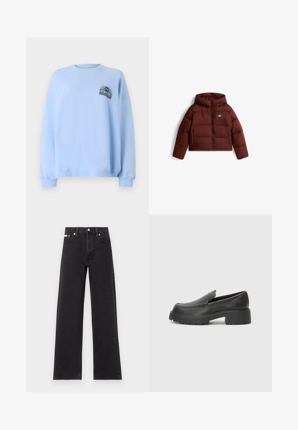 Prune, kapuutsi ja esikinnisega puffjakker, millel on opetatud disain ja kaks eesmist taskut.; Heled sinine dressipluus pikade varrukatega ja soonikute äärtega. Omab trükitud logo vasakul rinnal ja ümarat kaelust.; Mustad laiad mustad teksad, millel on kõrge vöökoht, viie tasku stiil ja metallist nööpkinnitus kontrastsete õmblustega.; Mustad nahast loafers ümarate varvastega, paksu tekstuuriga tald ja minimaalsete õmbluse detailidega. Viimistletud disain, kus pole nähtavaid paelu ega riistu.
