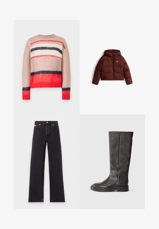 Jachetă pufferi maro cu glugă, cu fermoar frontal și șnur, design matlasat și două buzunare frontale.; Pulover tricotat cu o croială largă, având dungi în tonuri de roșu, bleumarin, crem și bej. Material texturat cu guler și tiv ribbed.; Jeanși negri cu picioare largi, fabricați din denim, cu talie înaltă, stil cu cinci buzunare și închidere cu nasture metalic, cu cusături contrastante.; Botină din piele neagră, până la genunchi, cu talpă groasă și logo subtil Calvin Klein aproape de marginea superioară, prezentată din lateral.