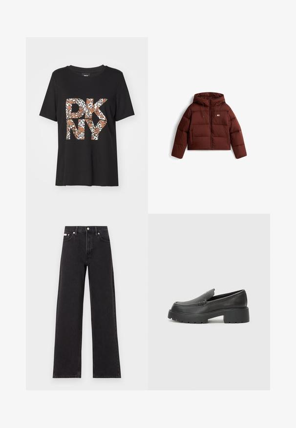 Brūns pūkains mētelis ar kapuci, ar priekšējo rāvējslēdzēju un saites regulēšanu, izšūts dizains un divas priekšējās kabatas.; Melna kokvilnas T-kreklā ar leopardu raksta "DKNY" logotipu brūnos un baltos toņos, apaļa apkakle un īsām piedurknēm.; Melni platmalu džinsi, kas izgatavoti no denima, ar augstu vidukli, piecu kabatu dizainu un metāla pogas aizdari ar kontrastējošu šuvumu.; Melnas ādas mokasīni ar noapaļotu purngalu, biezs teksturēts zoles un minimālas dūriena detaļas. Gluds dizains bez redzamām auklām vai metāla elementiem.