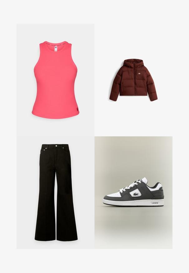 Rudas pūkinis švarkas su kapišonu, su priekiniu užtrauktuku ir virvute, su siuvinėtu raštu ir dviem priekinėmis kišenėmis.; Rausvas kanalėlis su aukštu kaklu ir plačiomis rankovėmis. Yra logotipo juostelė prie apykaklės ir prigludusi siluetas. Minkšta medžiaga.; Juodos spalvos džinsai plačiomis kojų apačiomis, aukštu liemeniu, su priekiniais mygtukais ir užtrauktuku, diržo kilpomis bei penkiomis kišenėmis, įskaitant mažą monetų kišenėlę.; Juodos ir baltos Lacoste sportbačiai su baltais raišteliais, perforuota nosimi, krokodilo logotipas šone ir prekės ženklas ant pado, esančio neutralioje fone.