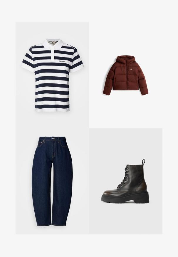 Barna pufi dzseki kapucnival, elülső cipzárral és húzózsinórral, steppelt dizájnnal és két elülső zsebbel.; Tengerészkék és fehér csíkozott pólóing gallérral, két gombbal és egy kis hímzett logóval a bal mellrészen.; Sötétkék farmernadrág laza fit, egyenes szárakkal, öt zsebes kialakítással és kontrasztos sárga varrással. Fém gombos zárás a deréknál.; Fekete bőr bokacsizma fűzős elejével, vastag fekete talppal és hátsó hurkkal, a saroknál dombornyomott márkanevével.